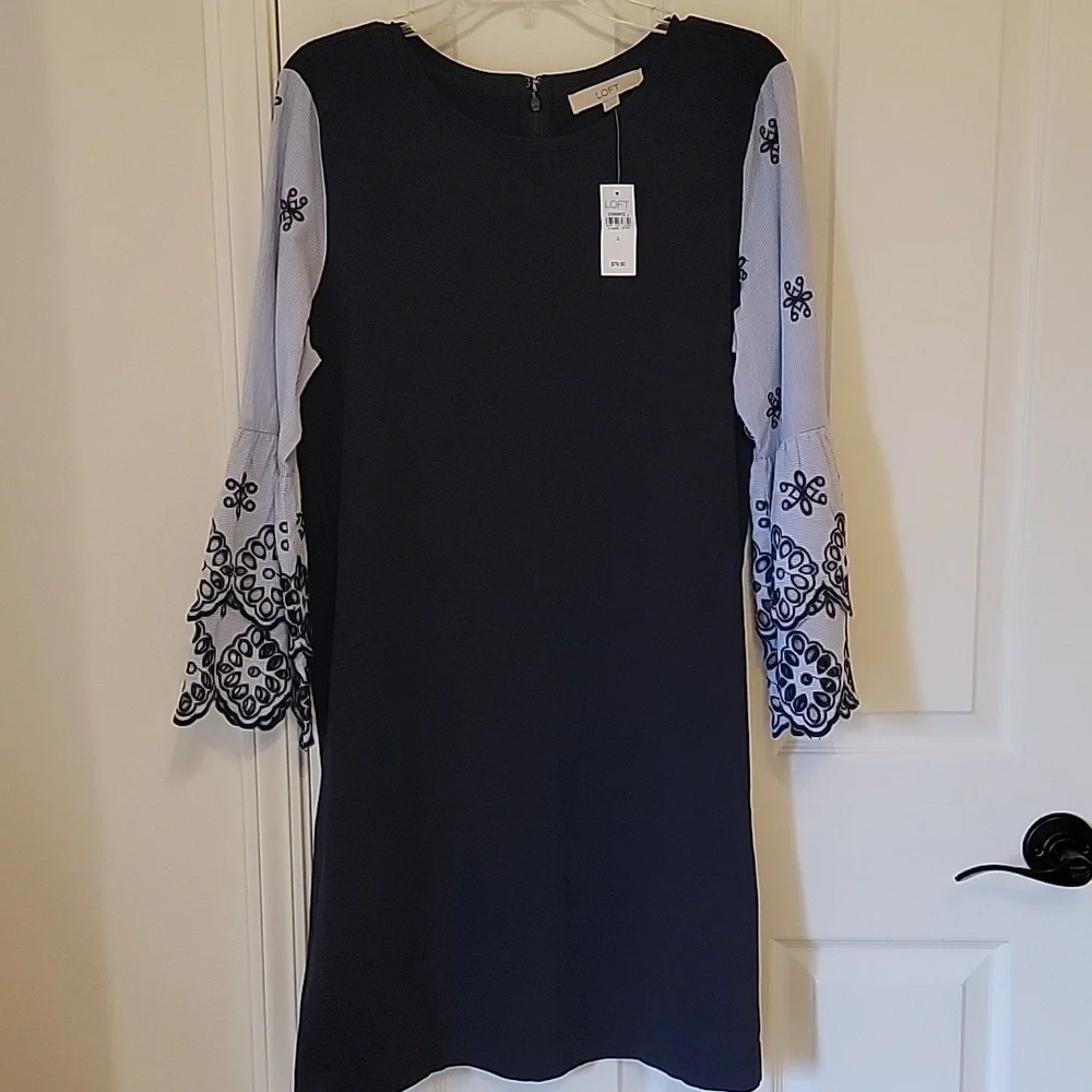 Nwt Loft Navy Shift Dress Eyelet Sleeve Large - Picture 2 of 7